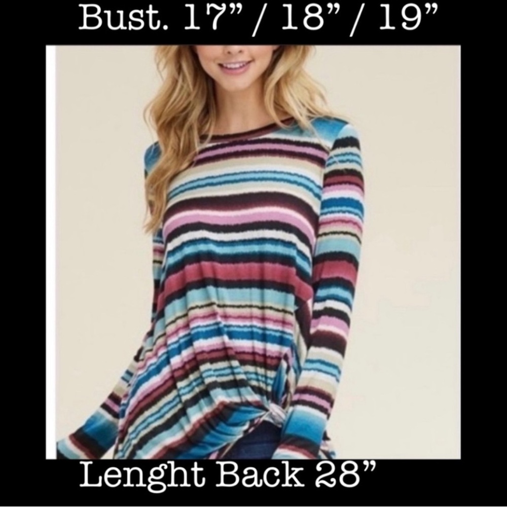 Long sleeve multi colored stripe print tunic with twist knot detail